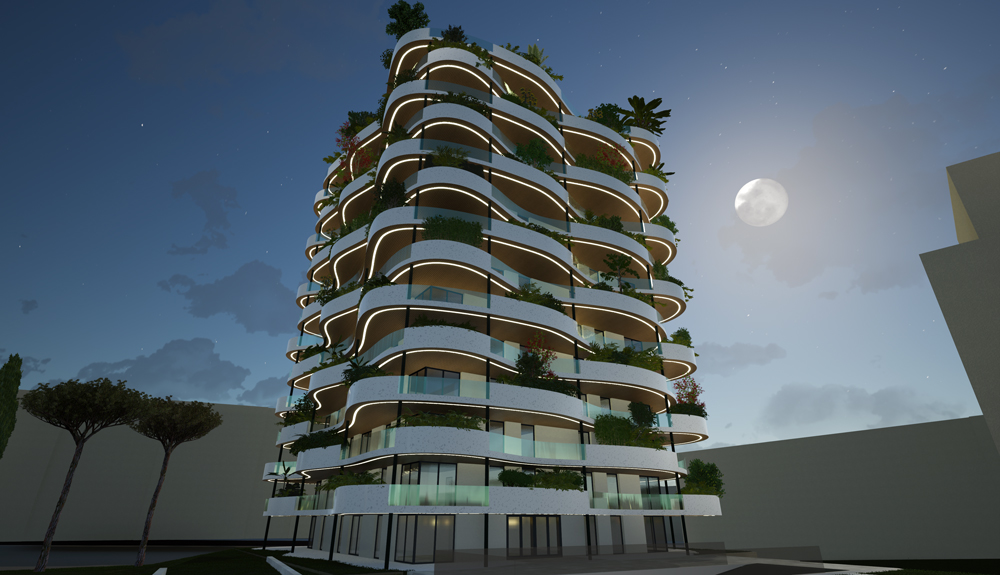 Curva, tour balcons lumineux vue d'en bas, projet logements Architonic - Jean-Pascal Clément Architecte