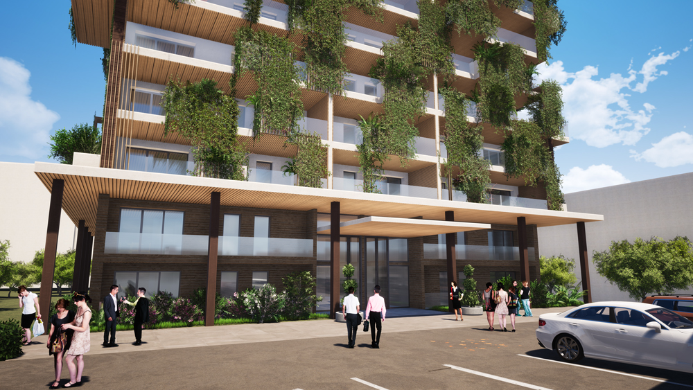 Arboris, projet de logements, vue du bas du bâtiement avec places de parking et hall d'entrée, Architonic - Jean-Pascal Clément Architecte