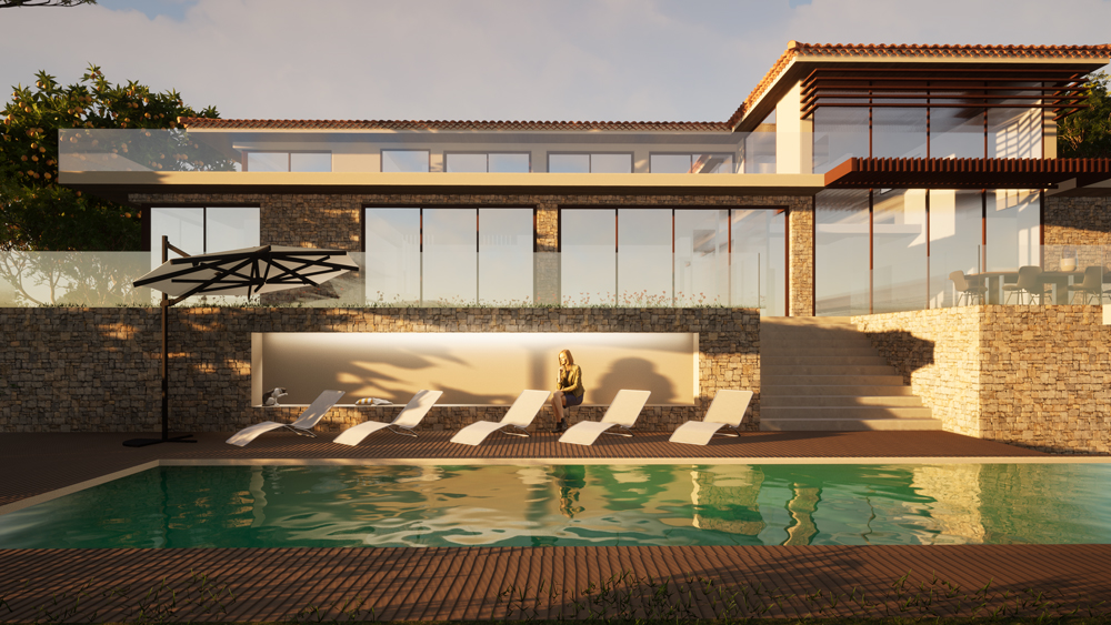 Villa CR, vue de la piscine et des transats, Architonic - Jean-Pascal Clément Architecte
