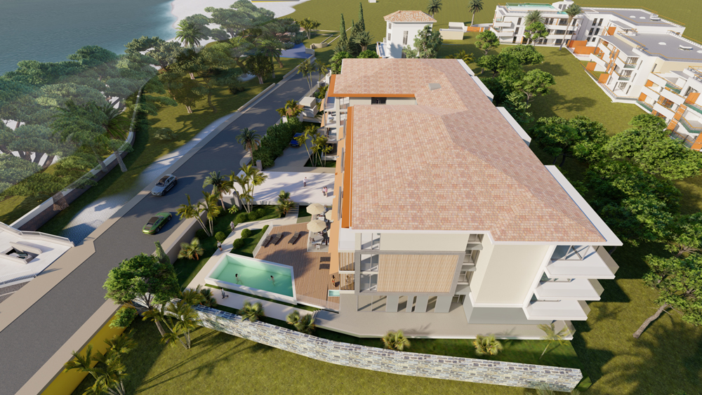 Hôtel La Marjolaine vue drone de côté de la rue, de l'entrée et de la piscine - Jean-Pascal Clément Architecte